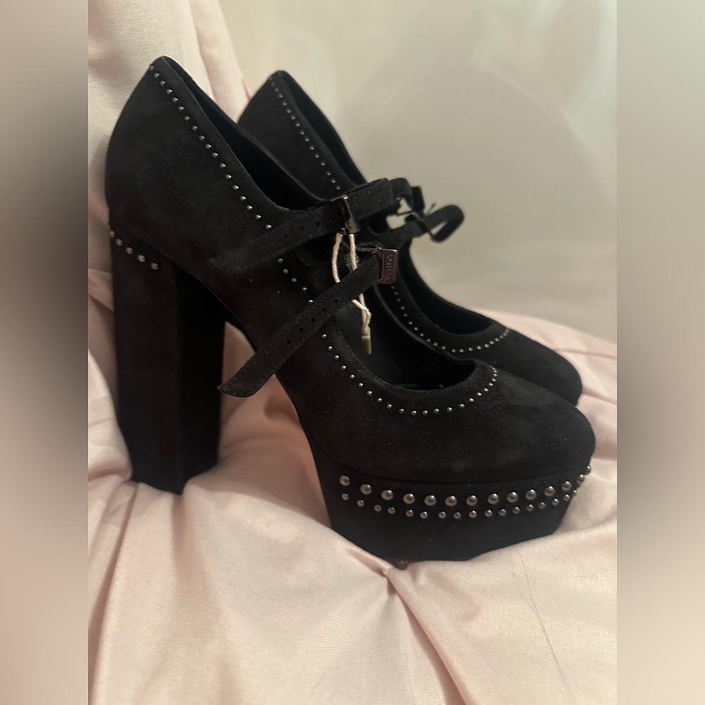 NEW Le Silla lesilla suede leather platform heels 38 italy Mary Jane studs